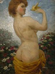 Naakte Vrouw met een Vogel in het Groen