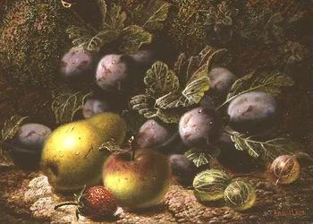 Stilleven met Pruimen, Kruisbessen, Appel, Peer en Aardbei