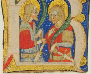 Manuscript blad snijden met een verlichte initiaal R met St. Protasius en St. Gervasius, midden 15e eeuw