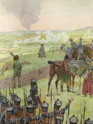 Napoleon, zittend op een trommel, bij de Slag bij Bautzen, 20-21 mei 1813