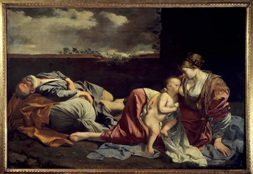 De rust van de Heilige Familie tijdens de vlucht naar Egypte, schilderij van Orazio Gentileschi (1562-1647), 17e eeuw, zon. 1,57 x 2,25 m. Parijs, Louvre Museum