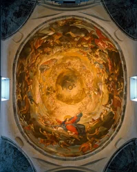 Binnenaanzicht van de koepel. Fresco dat de Hemelvaart van de Maagd Maria afbeeldt door Orazio en Girolamo Riminaldi (17e eeuw)
