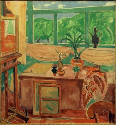 Atelierstilleven met irissen en meerluik raam