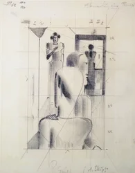 Figuren in een kamer, door Oskar Schlemmer, potlood op papier. Duitsland, 20e eeuw