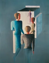 Vier figuren en een kubus (schilderij op doek)