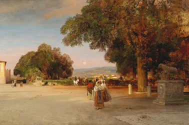 Frans: Promeneurs sur la terrasse de la Villa Grazioli à Grottaferrata Scène in de schemering op het terras van Villa Grazioli in Grottaferrata