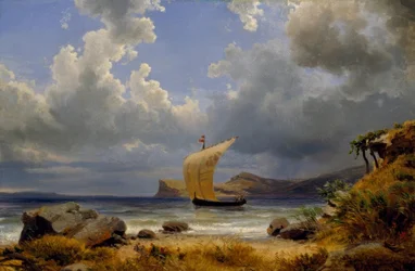 O. Achenbach, zeilboot in een Italiaanse baai