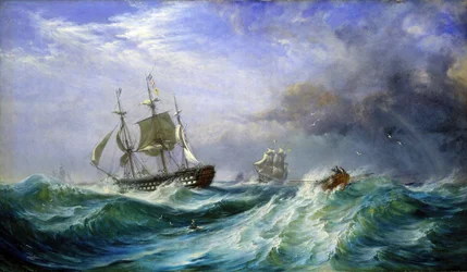 Een man op zee die hulp uitzet vanaf HMS 