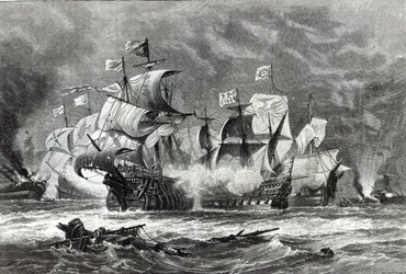 De Voorhoede, onder Sir William Winter, in gevecht met de Spaanse Armada, uit 