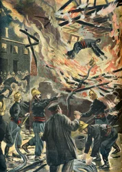 Dood van brandweerman Bailly tijdens een molenbrand in Bourges in 1898 (Gravure)