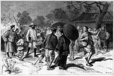 Dr. Piassetzky reist naar China, altijd vergezeld door Chinezen. Gravure naar een tekening van Tofani, in 