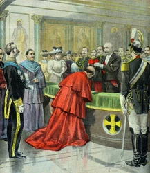 Felix Faure overhandigt de staf van de kardinaal aan de pauselijke nuntius Domenico Ferrata in 1896 (gravure)