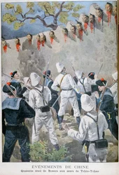 Veertien hoofden van boksers op de muren van Tchio-Tchao, China
