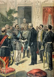Gesprek tussen Felix Faure en de Russische ambassadeur Lev Ouroussoff, Parijs 1898 (Gravure)