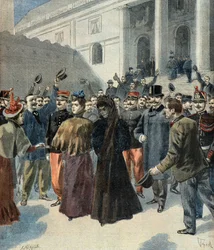 De weduwe van kolonel Hubert Henry verlaat het gerechtsgebouw (Dreyfus-affaire)