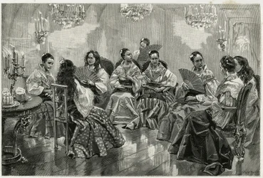 Narcisso Chinese handelsbeurs, Daraga, Filippijnen. Gravure door Tofani, ter illustratie van het verhaal 