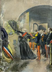 Nicolas 2 legt een krans op het graf van Sadi Carnot bij het Pantheon, Parijs1896 (Gravure)