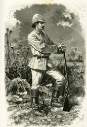 Portret van Dr. Emile Holub, in een ontdekkingskostuum, gravure door Tofani, ter illustratie van het verhaal 