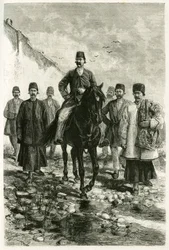 De gouverneur van Kashan (of Kachan, in de provincie Teheran, het huidige Iran) rijdt op een zwart paard en zijn gevolg gaat te voet. Gravure van Tofani, naar een foto, ter illustratie van het verhaal 