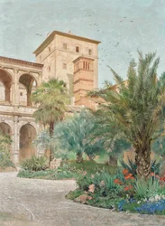 Gezicht op de ambassade in Rome: tuin met uitzicht op arcades