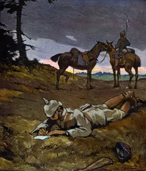 Eerste Wereldoorlog (1914-1918): Duitse ruiters in verkenning in 1914. Ze dragen piekhelmen. Schilderij door Otto Flechner voor het tijdschrift “Jugend”. 20e eeuw