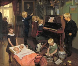 Een concert: de kinderen van de kunstenaar en hun speelkameraadjes