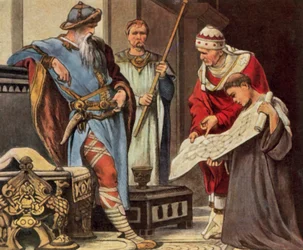 Karel de Grote laat het plan voor de paleiskapel van het keizerlijk paleis in Aken aan hem presenteren, 796 (vergrote kleurenlitho)