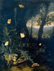 Bosgrond met distel en slang