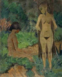 Badgasten onder bomen, c.1925 (lijmverf op doek)