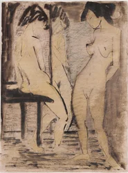 Drie vrouwelijke naakten (aquarel, krijt op papier)