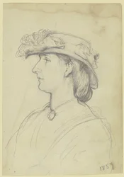 Portret van een dame met hoed, in profiel naar links