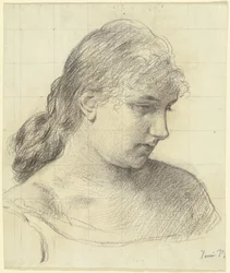 Hoofd van de vrouw die naast de stoel staat, uit het schilderij „Voorbereiding op het gekostumeerde bal“