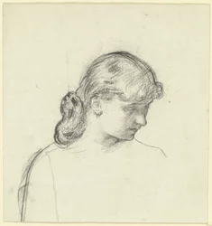 Hoofd van de vrouw die naast de stoel staat, uit het schilderij „Voorbereiding op het gekostumeerde bal“