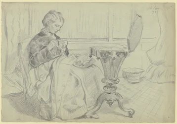Luise Scholderer aan de naaitafel, met handwerk