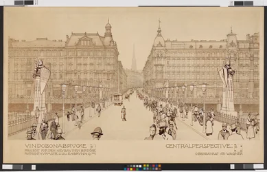 Vindobonabrug / Project voor de nieuwbouw van de brug Rothenthurmstraße - Lilienbrunngasse. Centraalperspectief
