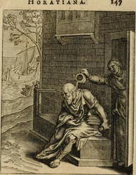 Xanthippe die een kamerpot over Socrates leegt. Uit Emblemata Horatiana, 1607