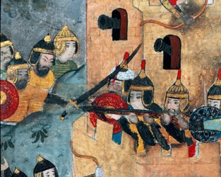 Slagveld tussen het Ottomaanse leger van Murad III en de verdedigers van een fort. Detail. Codex miniatuur R-1296. 16e eeuw. Topkapi Sarayi Museum Bibliotheek Istanbul