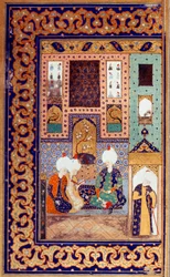 Ottomaanse Rijk: voorstelling van Sultan Selim I genaamd de Verschrikkelijke (1470-1520) vergezeld door twee van zijn onderdanen. Miniatuur uit de 