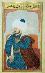 Portret van de sultan van het Ottomaanse Rijk Mehmed II (Mehmet II de Veroveraar of Mehmed II Fatih) (1430-1481). Miniatuur uit het manuscript „Menselijke fysiognomie (Over de persoonlijke eigenschappen van de Ottomanen)” door Seyyid Lokman Hussein (Ms.