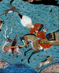 Voorstelling van de hovelingen van Sultan Murad II (Murat) (1404-1451) die herten en hazen jagen. Detail (detail). 17e-eeuwse miniatuur. Istanboel, Topkapi Sarayi Museum Bibliotheek