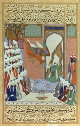 De aartsengel Gabriël onthult de 8e Soera, hoofdstuk van de Koran, een miniatuur Mohammed uit 