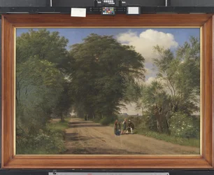 Een landweg bij Vognserup Manor, Zeeland. De schilder J.Th. Lundbye schetsend langs de weg