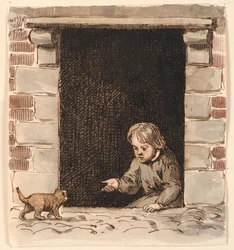 Een jongen die in een kelderdeur zit, lokt een puppy