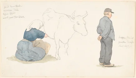 Studieblad met meisje dat een koe melkt, rechts een staande boer