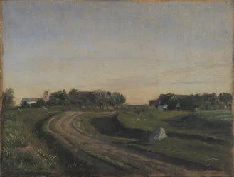 Vejby met de kerk gezien vanuit het noorden. Avondlicht. Seeland