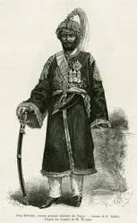 Jang Bahadur (1816-1877), premier van Nepal. Gravure door P.Sellier ter illustratie van het verhaal Voyage au Nepal, door Dr. Gustave Le Bon (1841-1931), in le tour du monde 1886, geregisseerd door Edouard Charton (1807-1890), Hachette, Parijs.