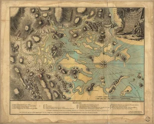 22.000. Handgekleurde. Reliëf getoond door hachures. Diepten getoond door peilingen. Deze kaart is gekopieerd van een origineel plan gebracht naar het hof van Engeland... Toont locatie van Britse en Amerikaanse troepen. Geïndexeerd voor bezienswaardigheden