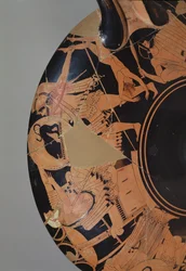 Detail van een Attische roodfigurenbeker die Neoptolemus toont die probeert Priam te doden met het lijk van Astyanax, c.490 BC (detail)