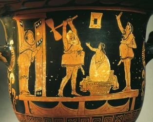 Apulische krater met scène van theater, karikatuur van geboorte van Helena in ei, toegeschreven aan schilder uit Dijon, roodfigurig aardewerk, Detail, uit Bari, Apulië, Italië, Oude Griekse beschaving, Magna Graecia, 4e eeuw v.Chr.