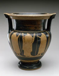 Roodfiguren kolomkrater met scène van een vrouw en twee jongeren, 480-460 v.Chr.